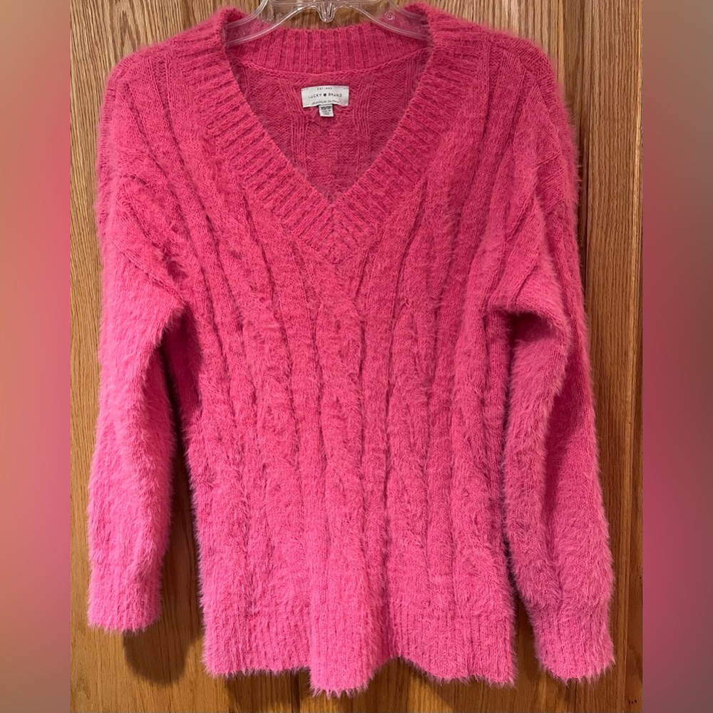 Lucky Brand Plush Fuzzy Cable Knit V-Neck Pullover‎ Sweater in Hot Pink Size XS
